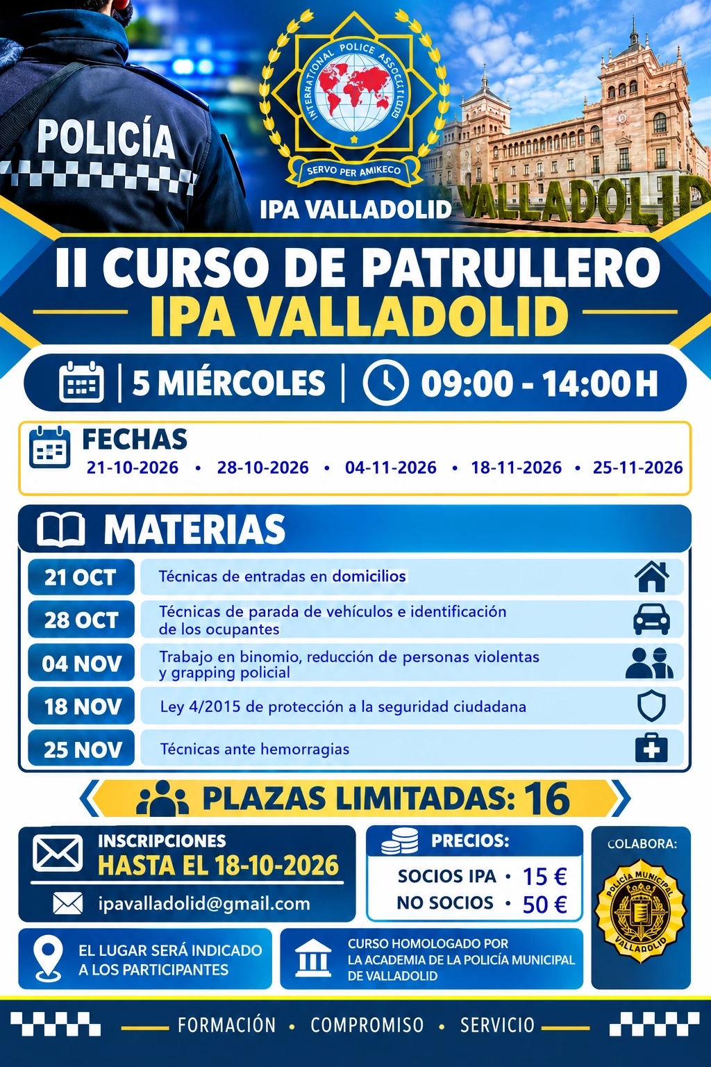 Cartel del II Curso de Patrullero de IPA Valladolid, 5 miércoles de 9:00 a 14:00 h